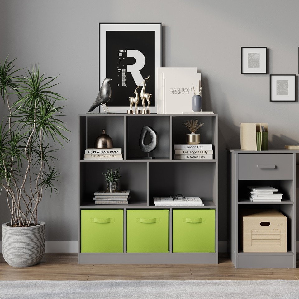 Asymmetrical 8 Grey Cube Bookcase Shelf Storage Unit with 3 Fabric Drawer Inserts Multi Grey & Dark Blue 1