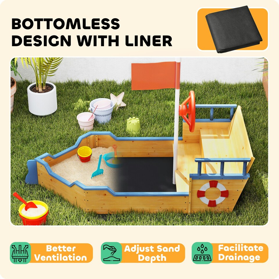 image 1 of Outsunny Kids Wooden Sandbox Pirate Ship Sandboat w/ Bench Seat Storage Space