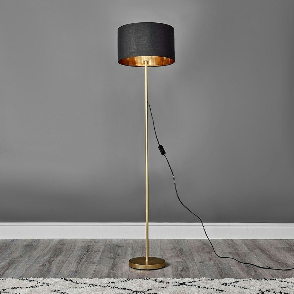 image 1 of ValueLights Modern Floor Lamp In Gold Metal Finish With Black Gold Drum Shade