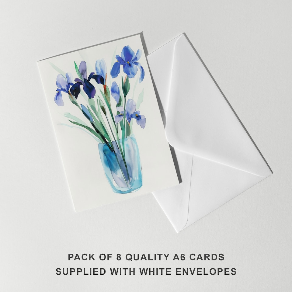image 1 of Blue Iris Flower Bouquet Vase Floral Watercolour Art Cards Pack of 8