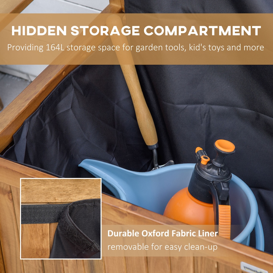 image 1 of Outsunny 2 Seater Garden Storage Bench, 164L Outdoor Storage Box with Backrest Flower Pattern, Wooden Garden Bench with Armrests, 125 x 68.5 x 97cm, Natural