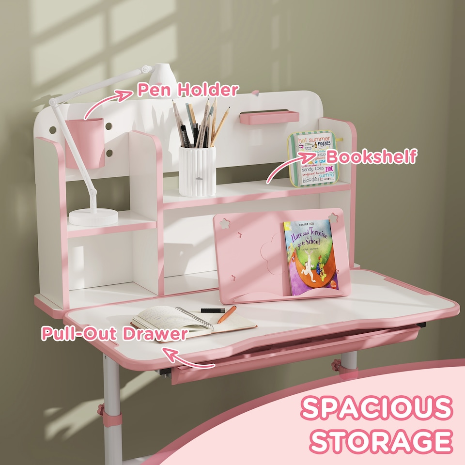 image 1 of AIYAPLAY Kids Desk and Chair Set w/ Tiltable Desktop, Reading Rack, Pink