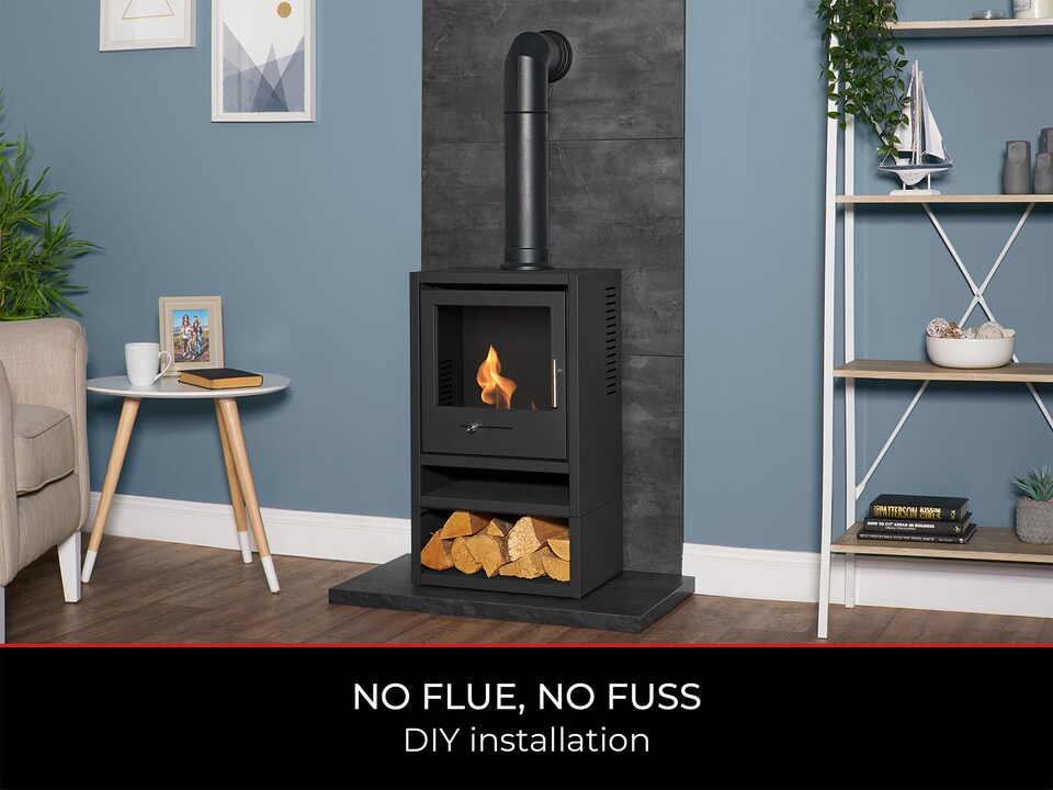 image 1 of OKO S1 Bio Ethanol Stove with Log Storage in Charcoal Grey & Tall Angled Stove Pipe