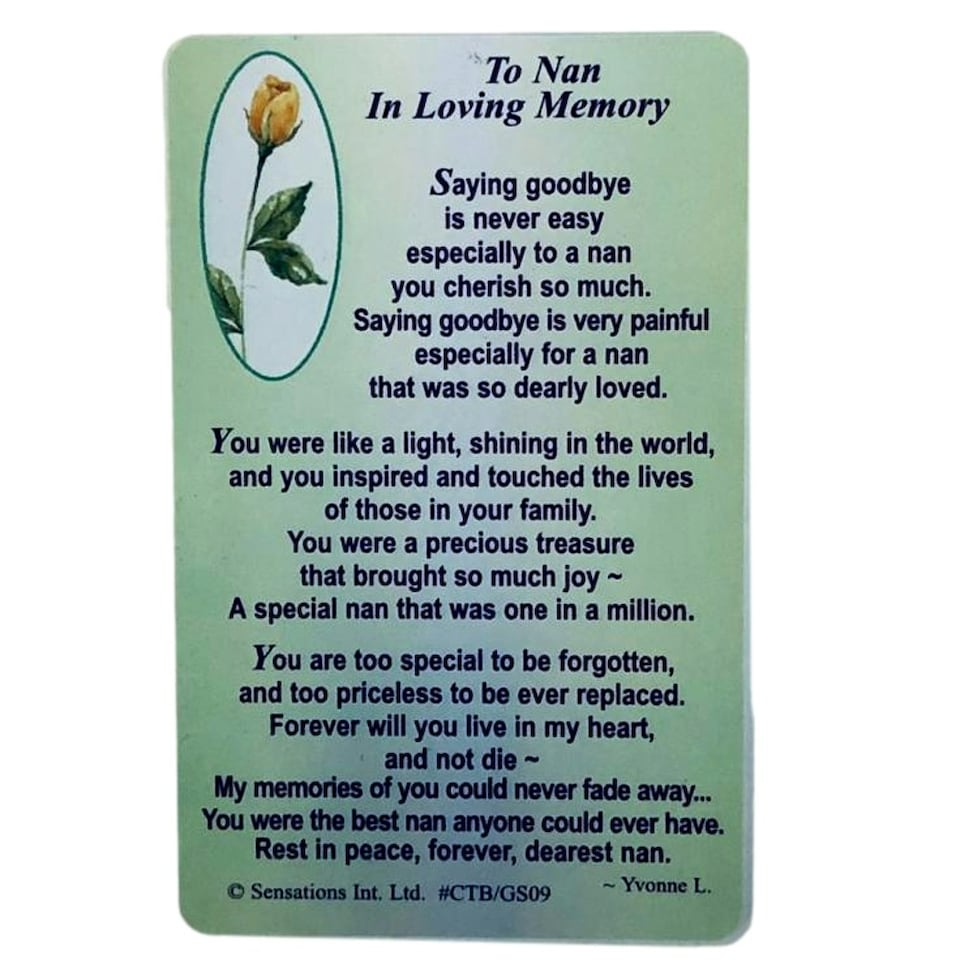 image 1 of To Nan In Loving Memory...Wallet Card (Sentimental Keepsake Wallet / Purse Card)