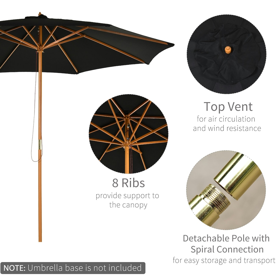 image 1 of Outsunny 3(m) Wooden Garden Parasol Sun Shade Outdoor Umbrella Black