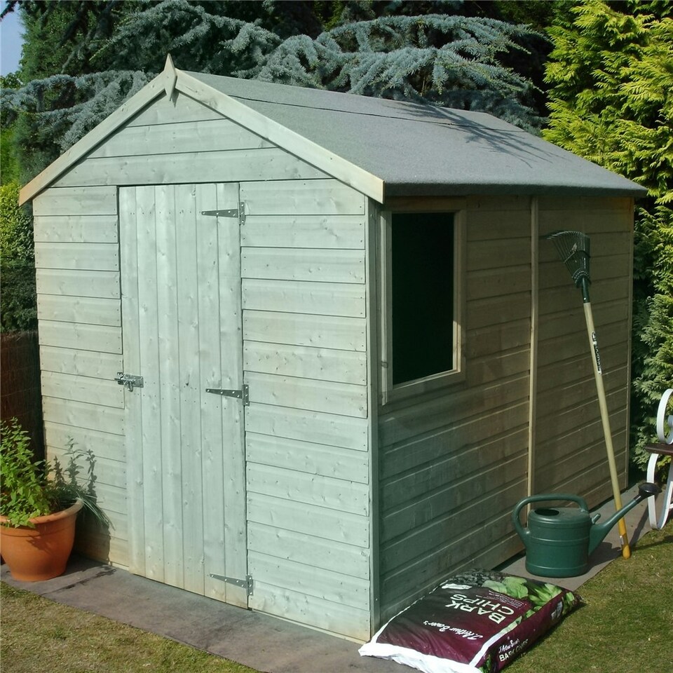 image 1 of 8 x 6 (2.39m x 1.83m) - Pressure Treated Tongue And Groove - Apex Workshop - 1 Opening Window - Double Doors - 12mm Tongue And Groove Floor
