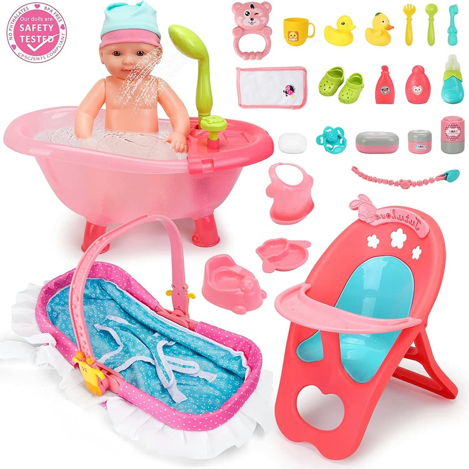 image 1 of 14" Baby Doll Play Set with 25 Pieces – Includes High Chair, Bath, Crib, Feeding Accessories and Portable Carrier