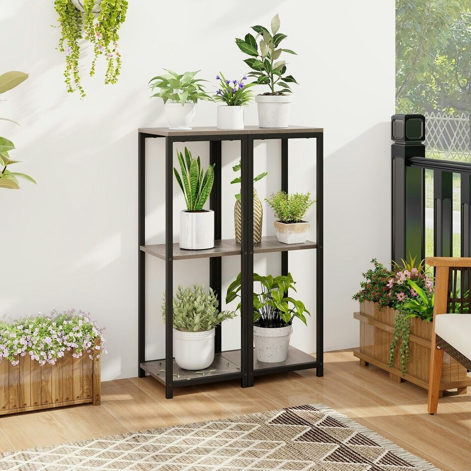 image 1 of COSTWAY 3 Tier Metal Plant Stand Corner Plant Holder Grey