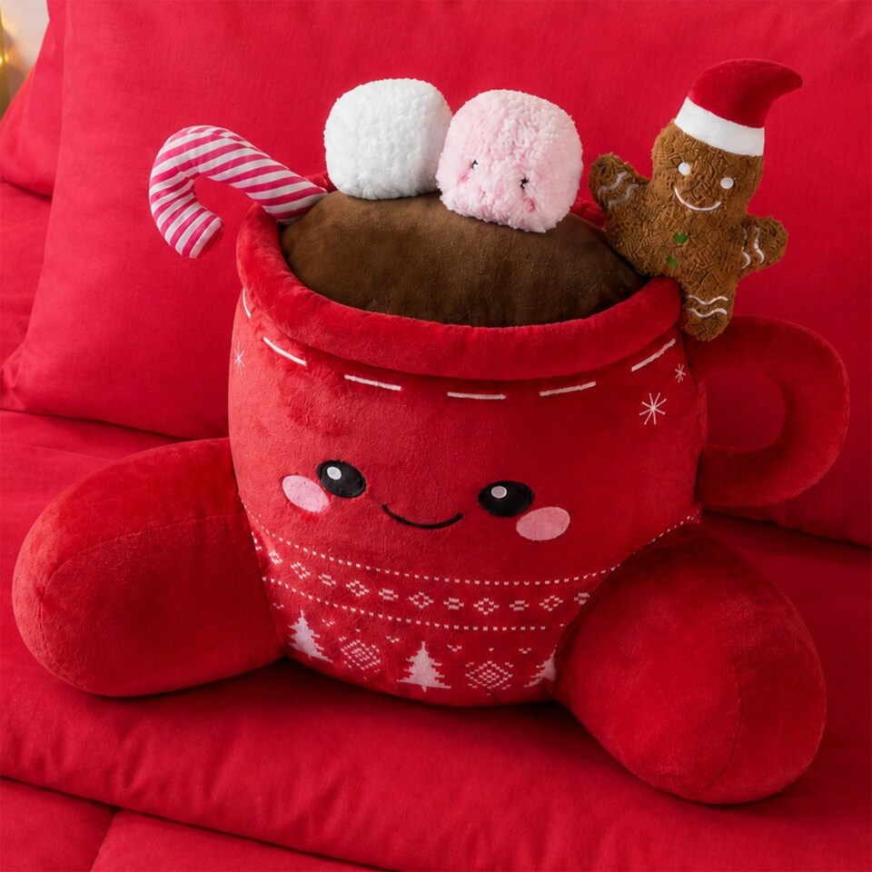 image 1 of OHS Kids Festive Hot Chocolate Cuddle Cushion Character Backrest Reading Pillow