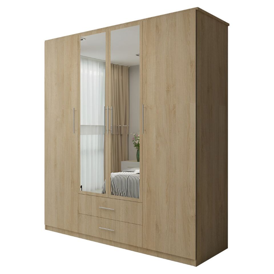 image 1 of Modern Space-Saving 4-Door Hinged Wardrobe with Central Mirrored Doors - 8 Shelves & 2 Drawers, 171cm Wide