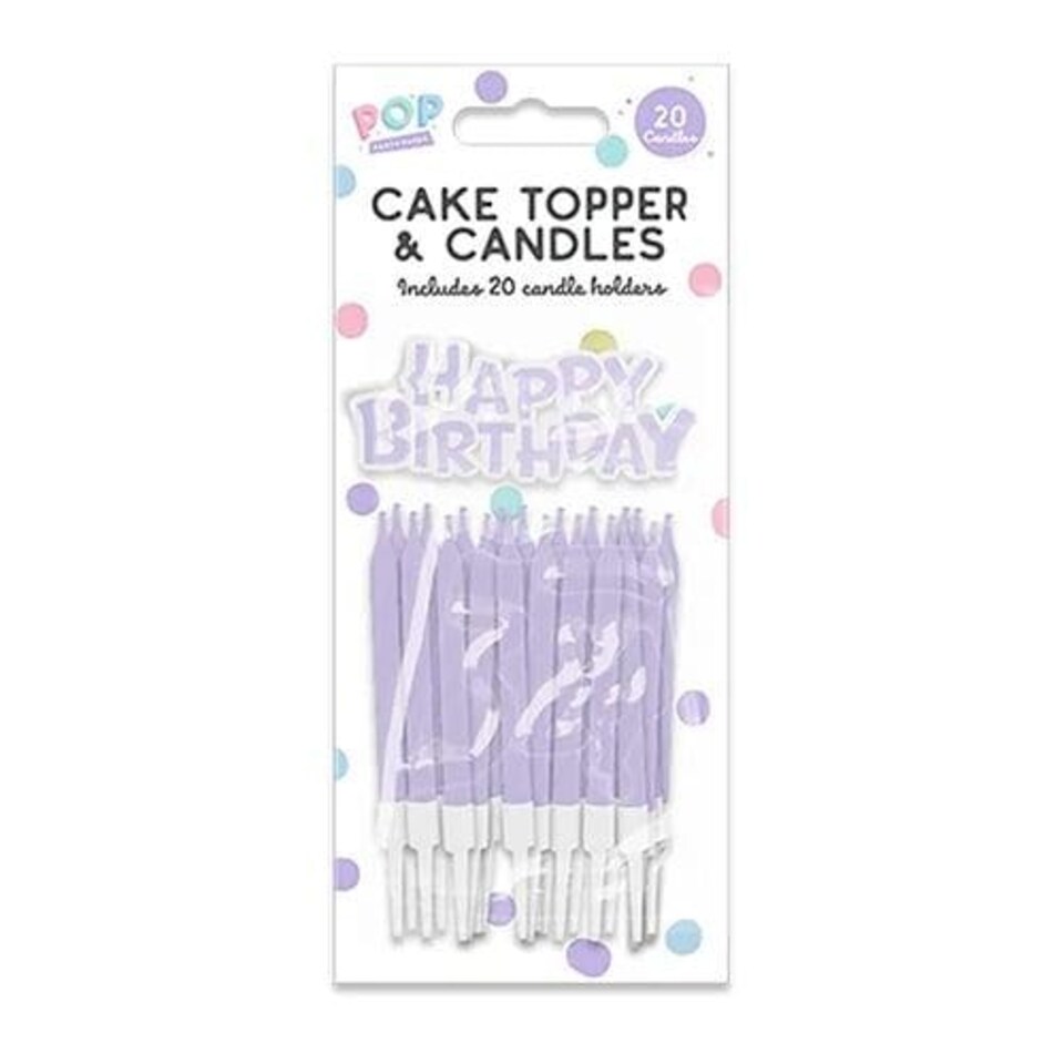 Pastel Lilac Happy Birthday Cake Topper and Candles with Holders Multi