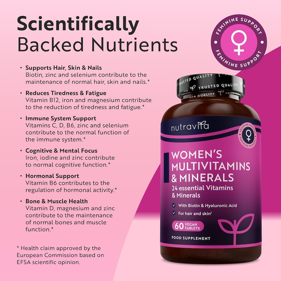 image 1 of Nutravita Multivitamin for Women - Essentials Womens Vitamins and Minerals with Hyaluronic Acid for Hair, Skin and Immune System - 60 Vegan Tablets