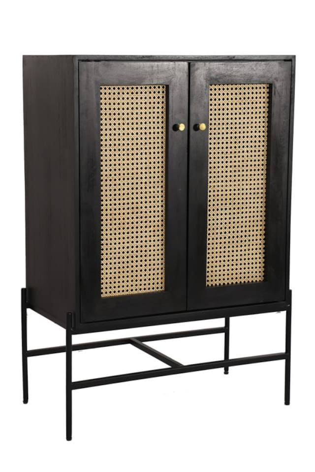 image 1 of Rattan 2 Door Highboard Cabinet - Mango Wood/Iron - L45 x W80 x H120 cm - Black Finish with Natural Rattan - Assembly Required