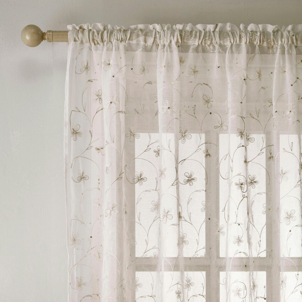 image 1 of Pair of Belle Cream Floral Embroidery Voile Panels 229 cm (90 inch) Rod Pocket Panels with Sequins for Bedroom and Living Room