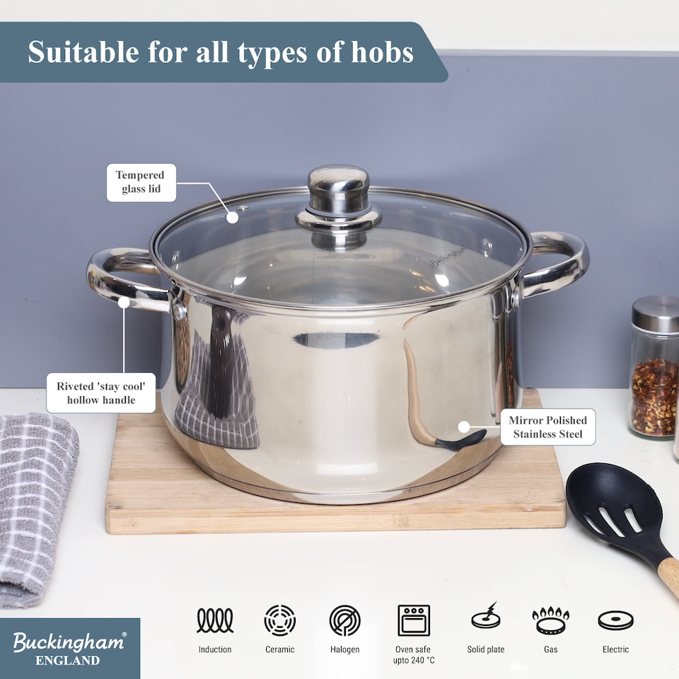 image 1 of Buckingham Stainless Steel Casserole Dish Premium Induction Compatible 24cm , 6 Litres | Silver | 1