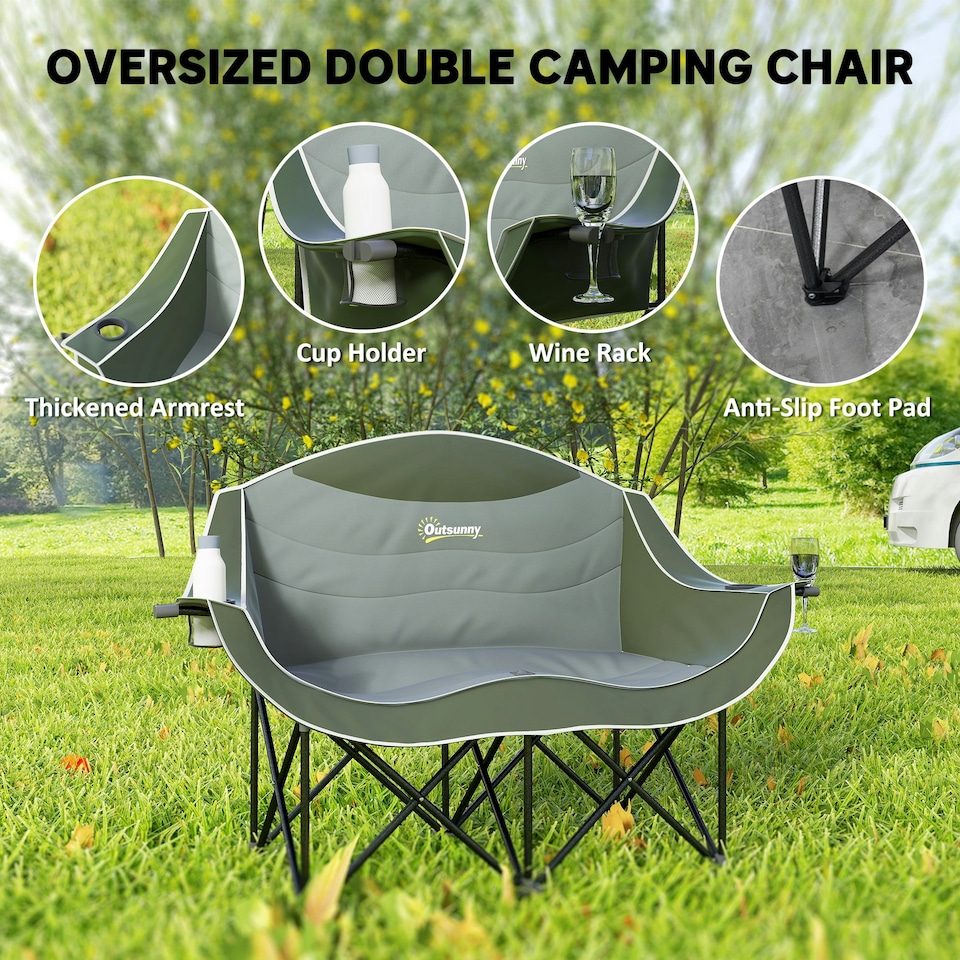 image 1 of Outsunny Double Camping Chair for Adults with Armrests, Cup Holders, Green Cream | Khaki