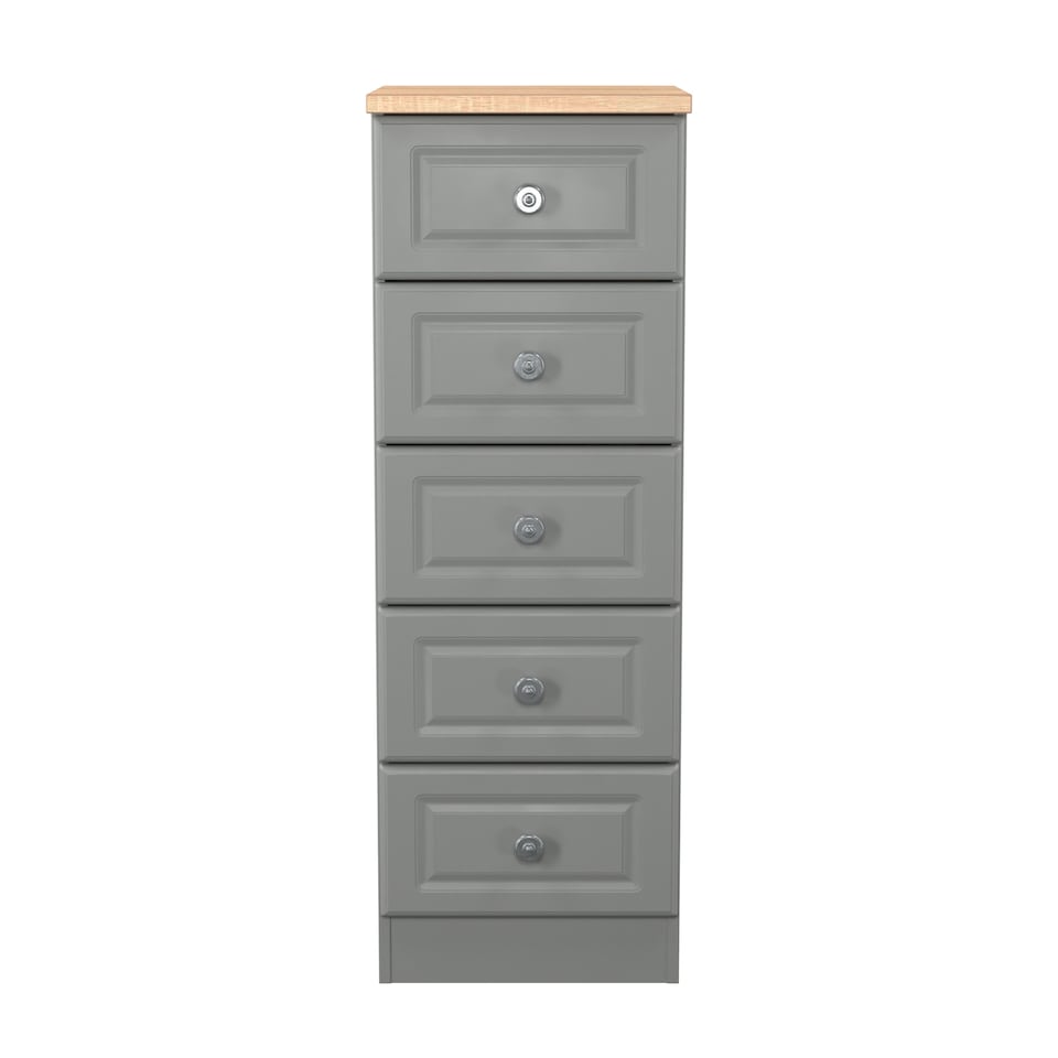 image 1 of Surrey 5 Drawer Tall Bedside Cabinet in Dusk Grey & Bardolino Oak (Ready Assembled) | Grey | Dusk Grey & Bardolino Oak
