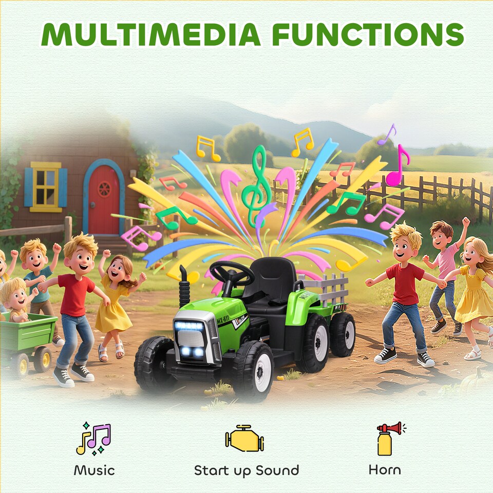 image 1 of HOMCOM Ride On Tractor with Detachable Trailer, Remote Control, Music - Green