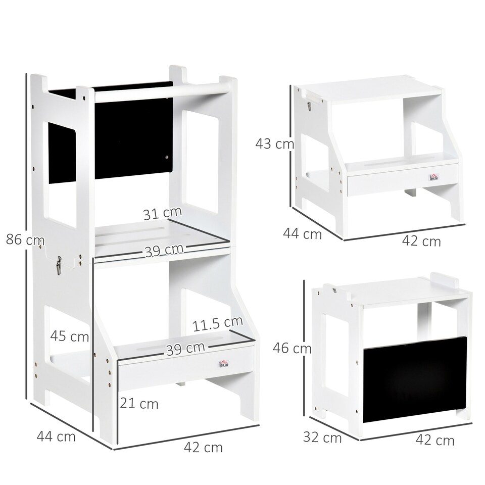 image 1 of HOMCOM 2 in 1 Kids Kitchen Step Stool Helper with Safety Rail, White