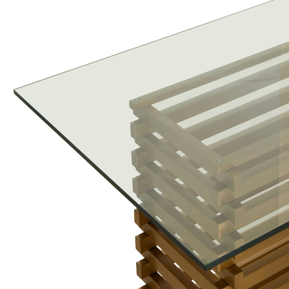 image 1 of Interiors by Premier Matte Gold Dining Table, Rectangle Clear Glass Top Dining Room Table, Stainless Steel Base Kitchen Table Gold