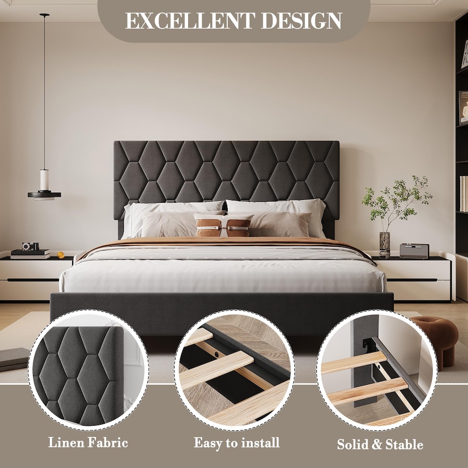 image 1 of London Boutique Upholstered Bed Frame with Adjustable Diamond Tufted Headboard, Wooden Slats Support, Grey/Double, 135 x 190 cm