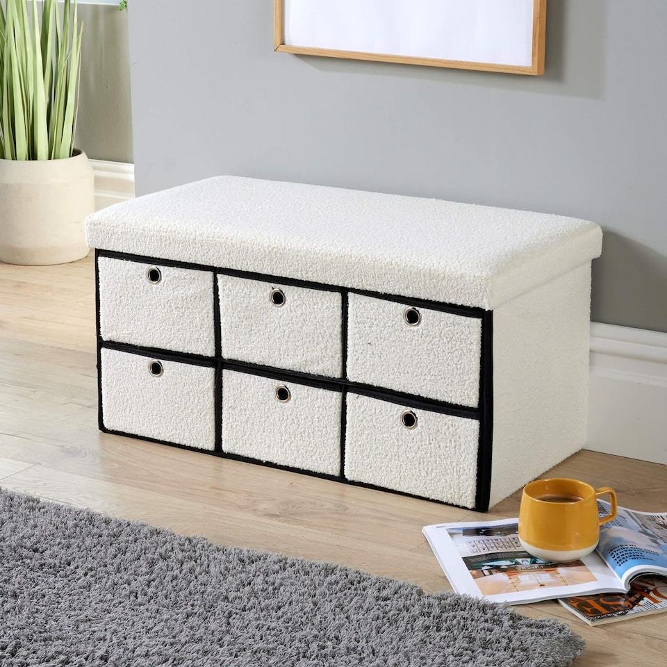 image 1 of Folding Ottoman Storage Bench 6 Drawer Compact Space-Saving Furniture | Cream