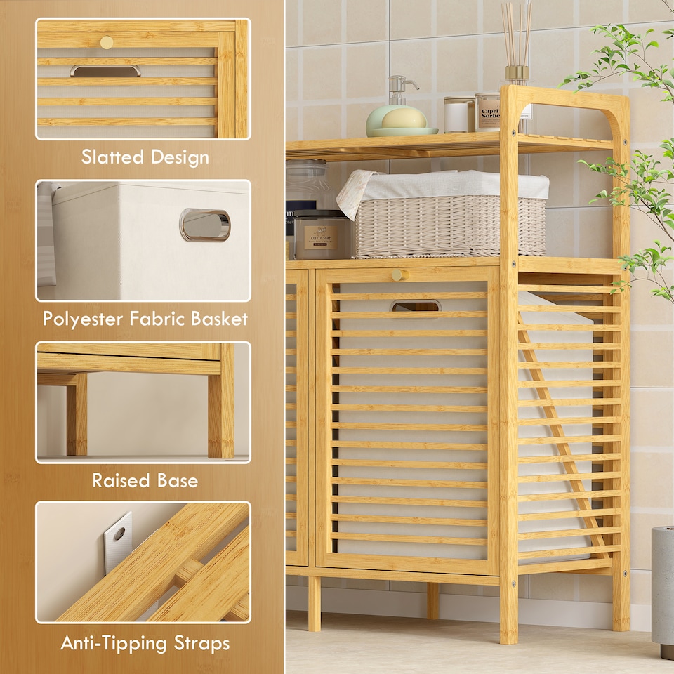 image 1 of HOMCOM Double Tilt Out Laundry Cabinet Bamboo Laundry Hamper Cabinet | Brown | Natural, Cream White | 82W x 33D x 88H cm