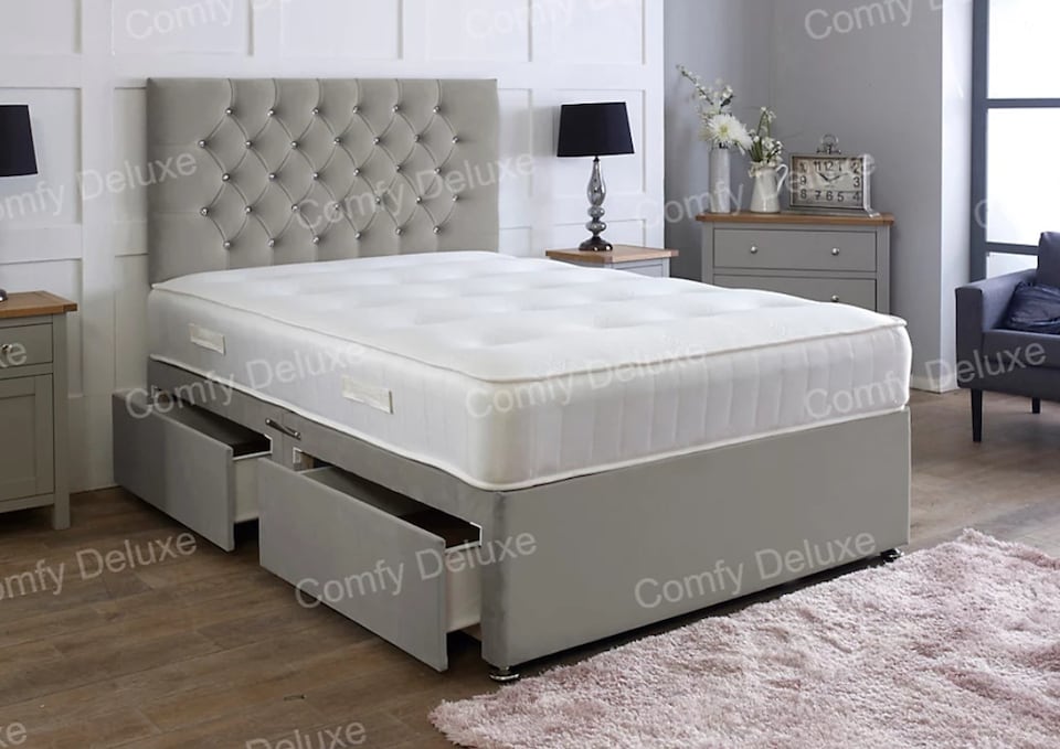5ft King Grey Plush Velvet Divan Bed With Headboard & Memory Sprung Mattress 2 Drawers Same Side
