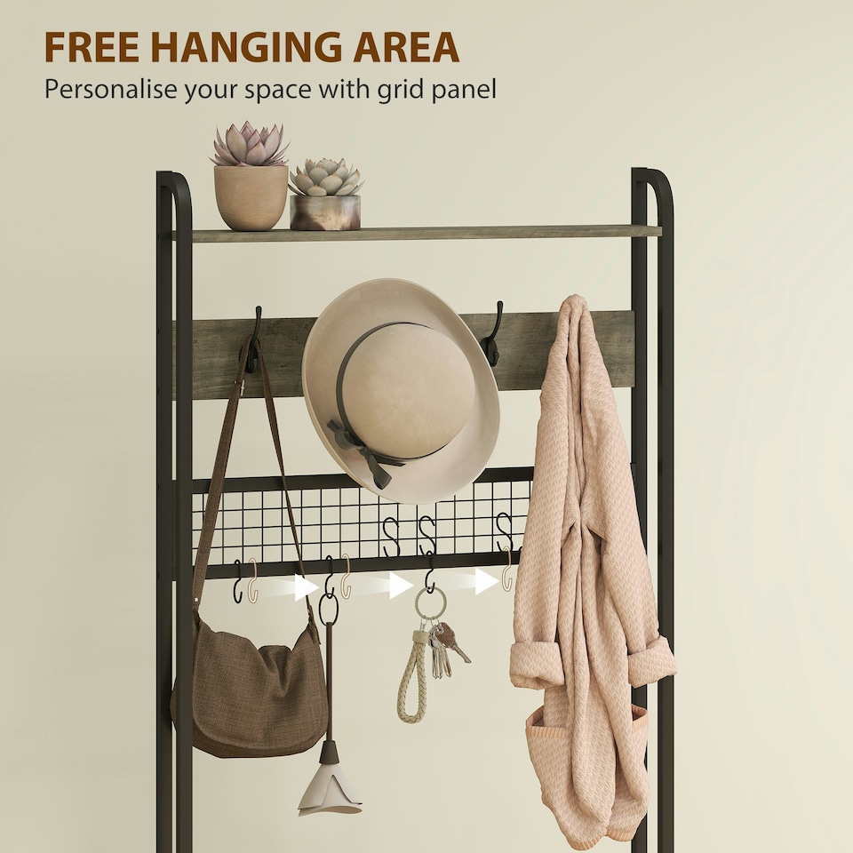 image 1 of HOMCOM Industrial Hall Tree Coat Rack Stand with Shoe Cabinet | Grey | Black | 80W x 30D x 180H cm | 1
