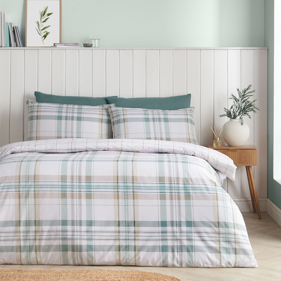 image 1 of Catherine Lansfield Cartmel Check Reversible Duvet Cover Set | Green | King