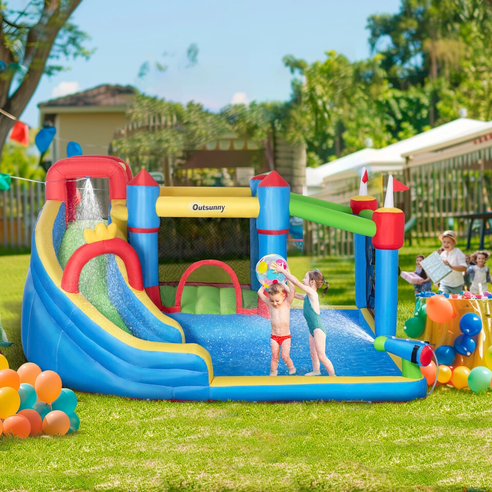 image 1 of Outsunny Kids Inflatable Bouncy Castle 6 in 1 Water Slide Water Gun