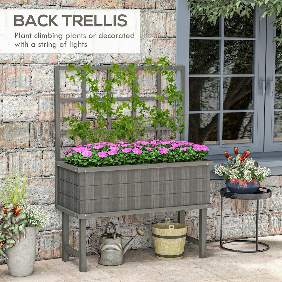 image 1 of Outsunny Wood Raised Planter w/ Trellis Drain Holes Elevated Garden Bed Grey