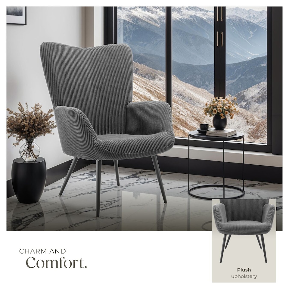 image 1 of Armchair Hygge - padded, armrests and ergonomic backrest, 150 kg load capacity | Grey | Wide cord anthracite/black | One Size | 1
