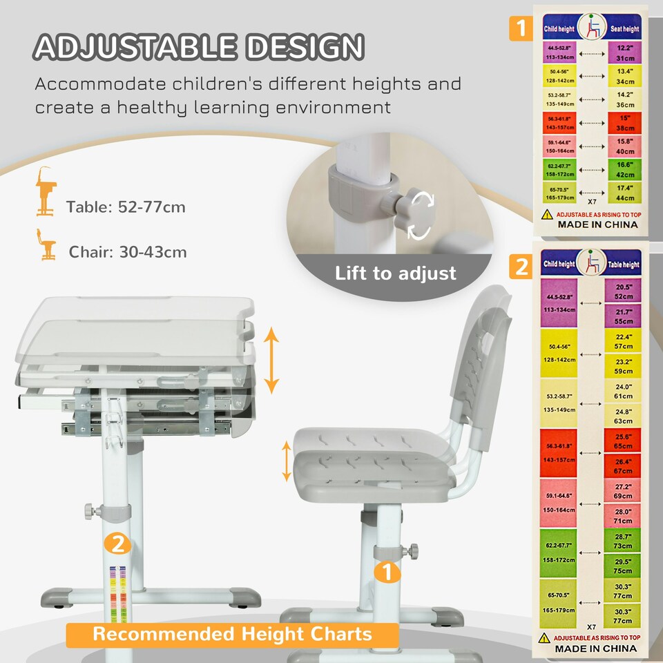 image 1 of HOMCOM Kids Desk and Chair Set Adjustable Tiltable with Drawer Pen Slot Hook 