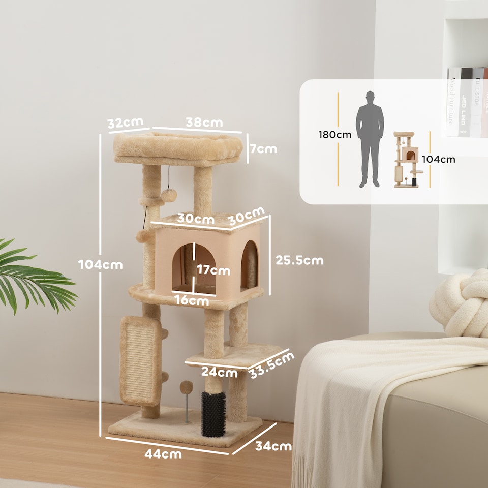 image 1 of PawHut Cat Tree for Indoor Kittens, 132cm Cat Tower with Scratching Posts and Pad, Bed, House, Jumping Platform, Grooming Brush, Toy Balls, Anti-Tip Kit, Cat Climbing Frame, Beige