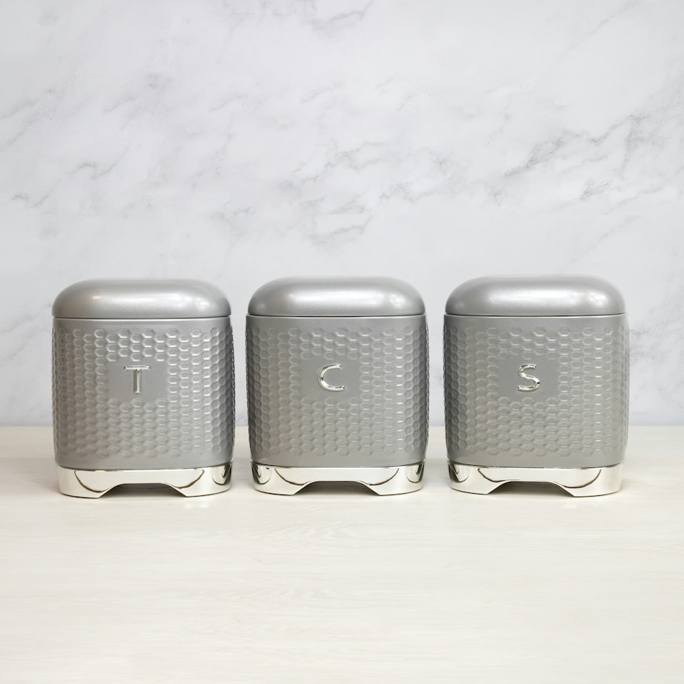 image 1 of KitchenCraft Lovello Textured Tea, Coffee and Sugar Canisters in Gift Box, Steel - Shadow Grey
