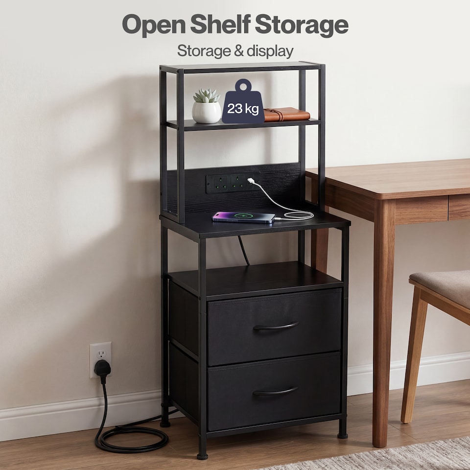 image 1 of Levede Bedside Table with Charging Station,LED Light 2 Drawers Storage Black