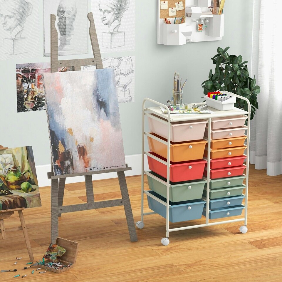 image 1 of COSTWAY 15 Drawers Storage Trolley Rolling Utility Cart Colorful