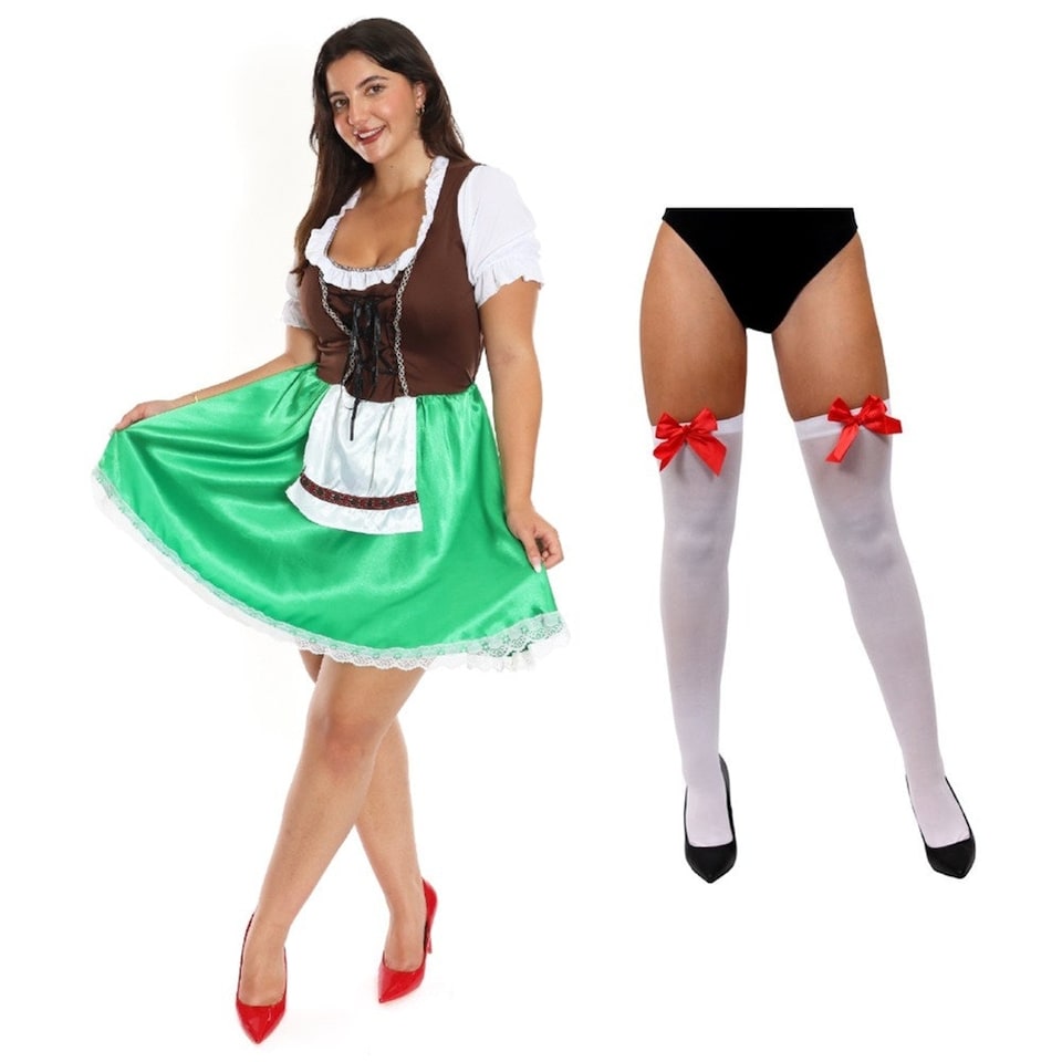 image 1 of Green & Brown Bavarian Dress with Bow Stockings | Brown | S