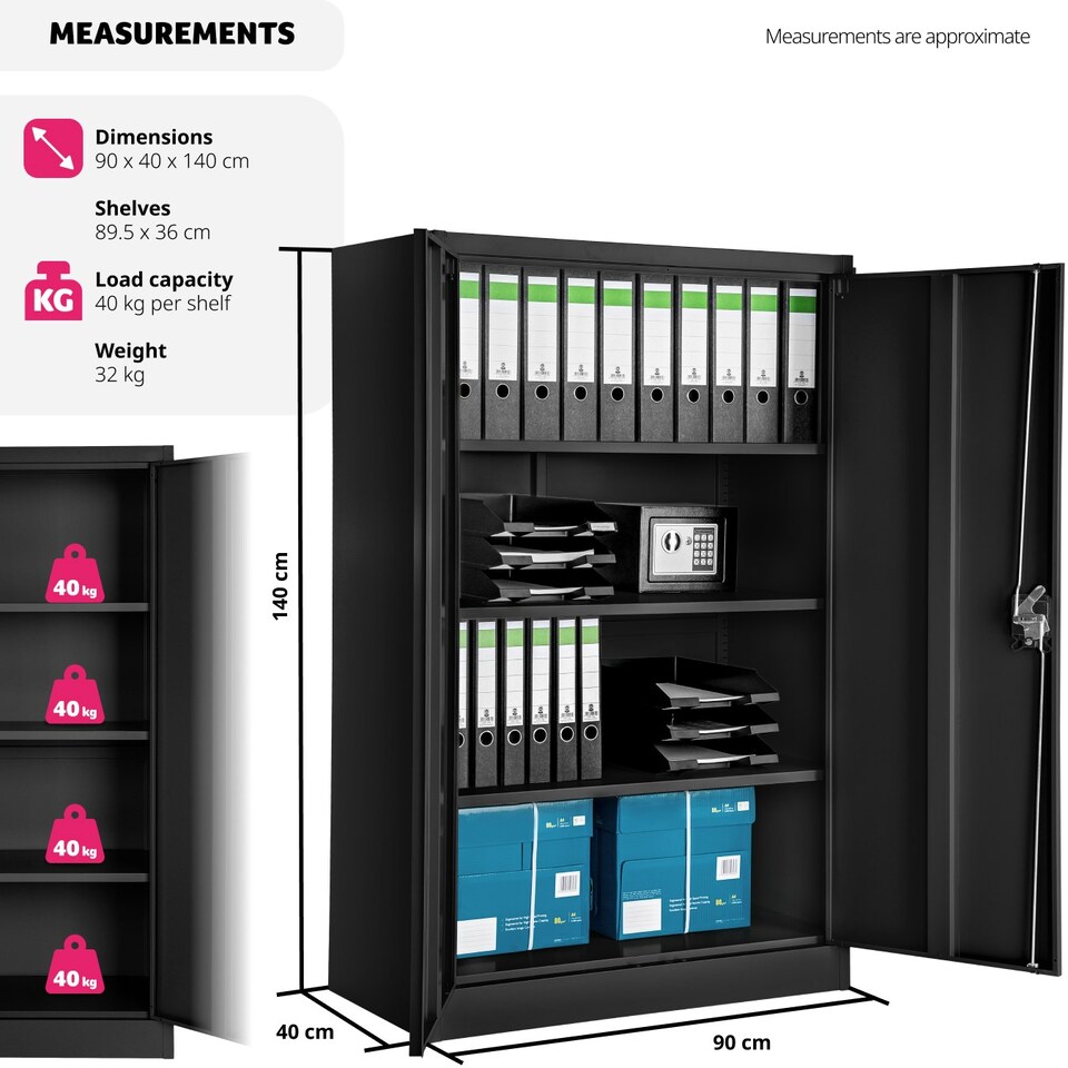 image 1 of Filing Cabinet - 4 adjustable shelves, lockable, 140 x 90 x 40 cm Black