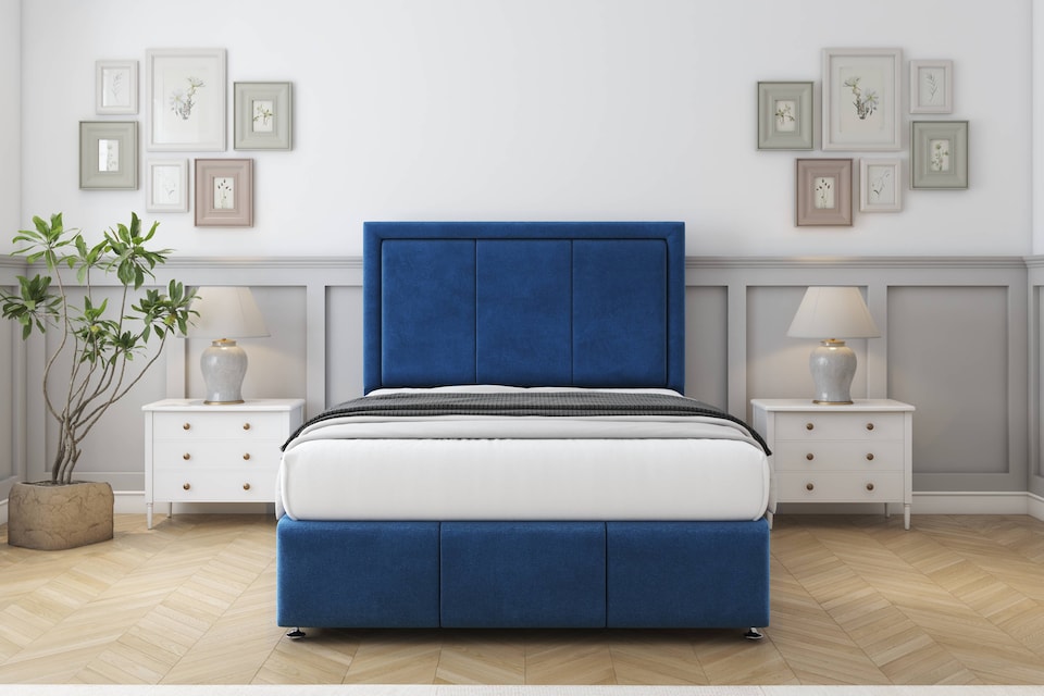 image 1 of Sloomy Lancaster Navy Plush Divan Bed With Mattress 2 Drawers Right Side With 54" Floor Standing Headboard & 12" Matching Footboard 4' Small Double | Blue | Navy | Small Double | 1
