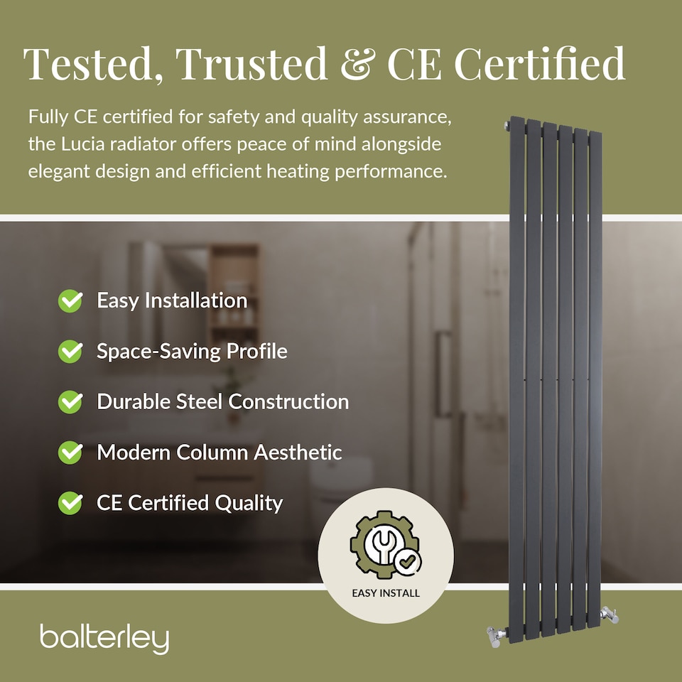 image 1 of Lucia Square Vertical Single Panel Radiator, 1800mm x 354mm Anthracite | Grey | Anthracite | 1