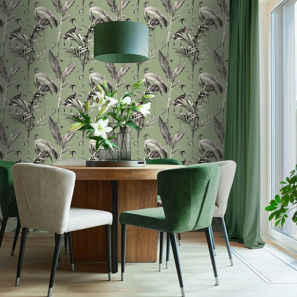 image 1 of World of Wallpaper Azzurra Leaf Wallpaper - Sage Green/Grey - 10m x 0.5m Green