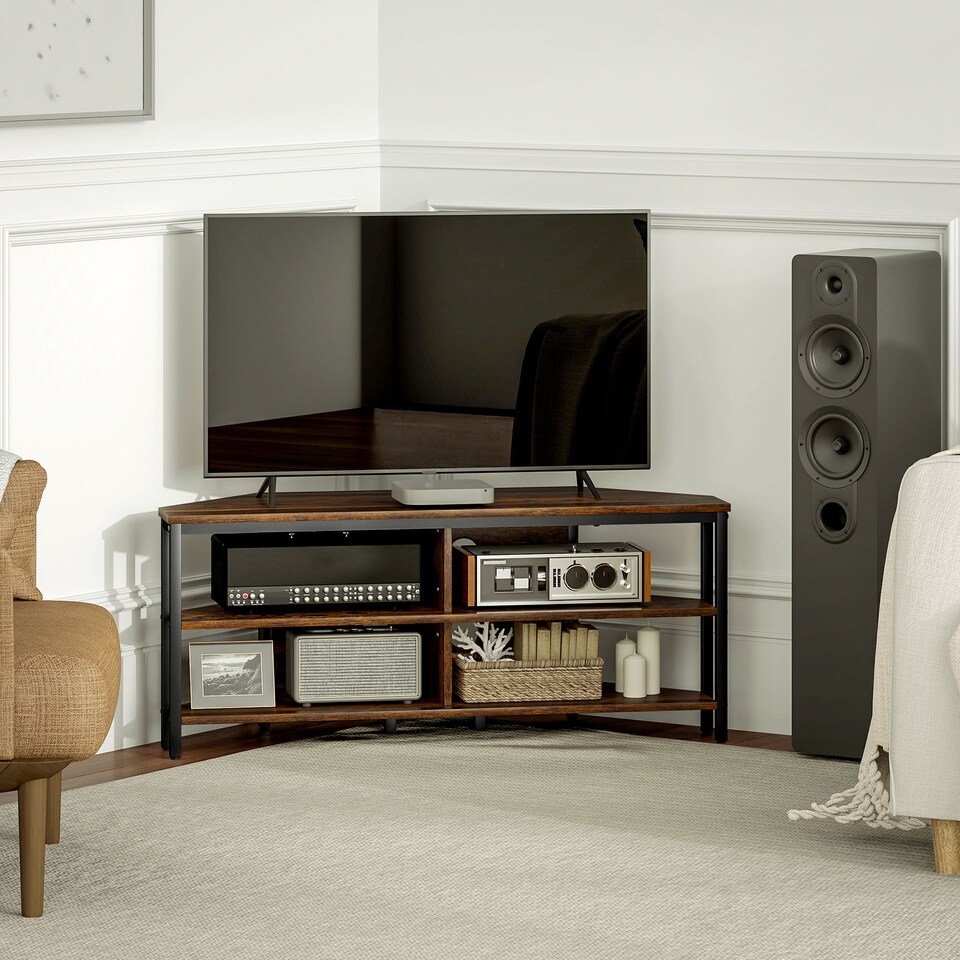 image 1 of HOMCOM Corner TV Stand Cabinet, TV Unit for TVs up to 50 , TV Cabinet with Storage Shelves and Cable Holes for Living Room, Bedroom, Rustic Brown