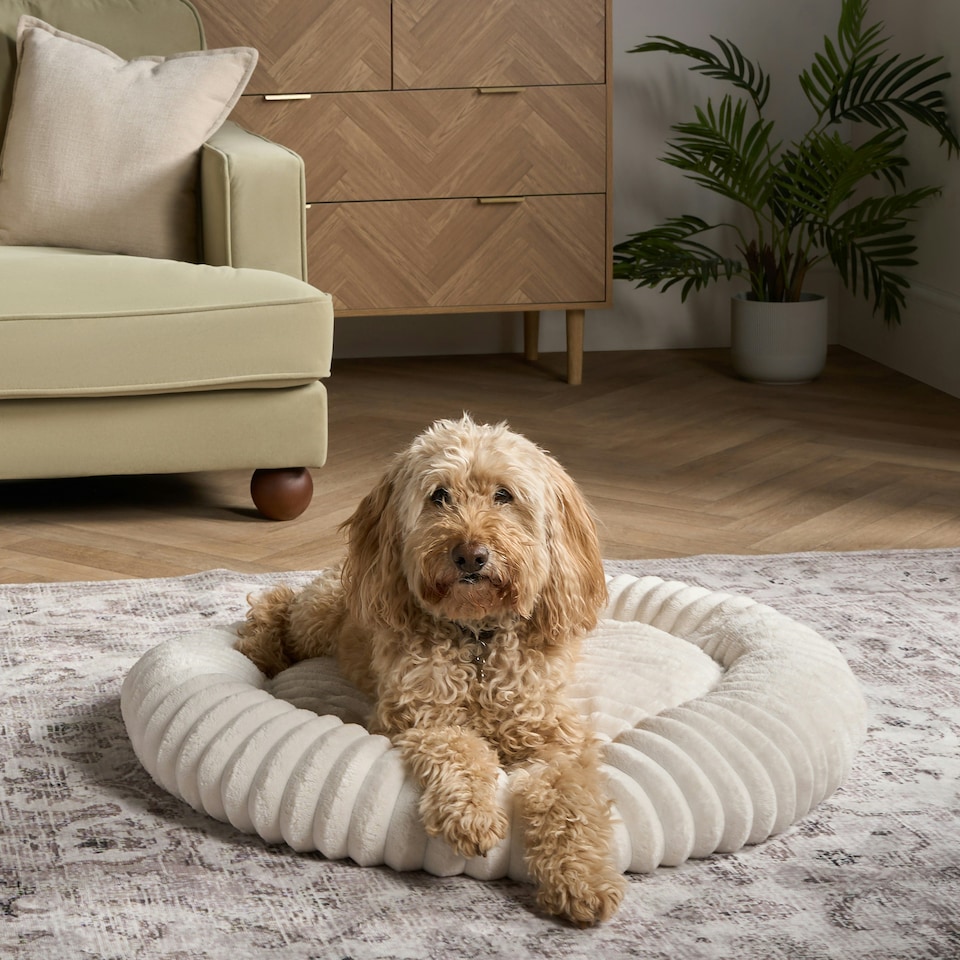 image 1 of OHS Ribbed Round Plush Plump Soft Warm Cosy Pet Dog Cat Cushioned Donut Bed Cream | L
