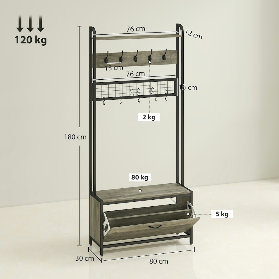 image 1 of HOMCOM Industrial Hall Tree Coat Rack Stand with Shoe Cabinet | Grey | Black | 80W x 30D x 180H cm | 1