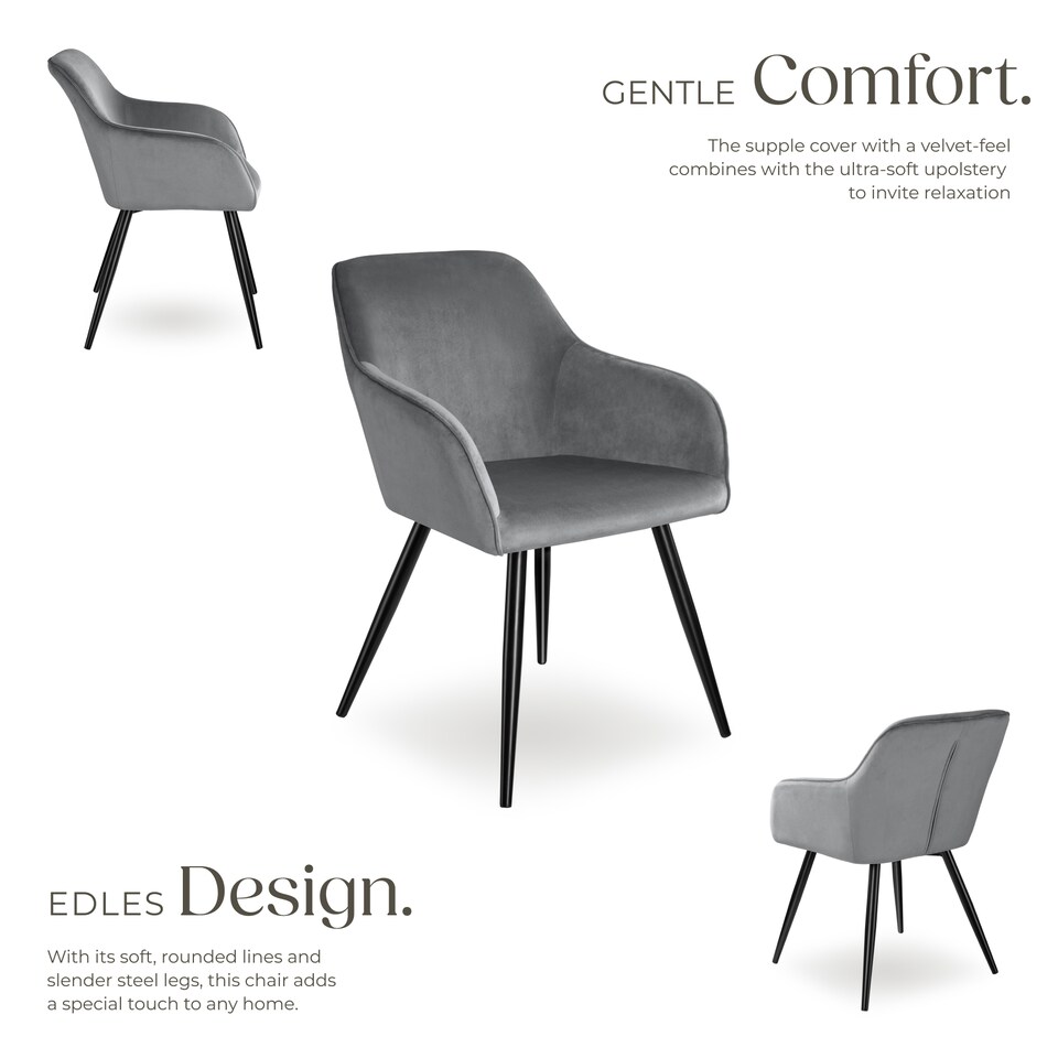image 1 of Dining Chair Marilyn - with armrests, padded, velvet look, black steel legs | Grey | grey/black | One Size | 8