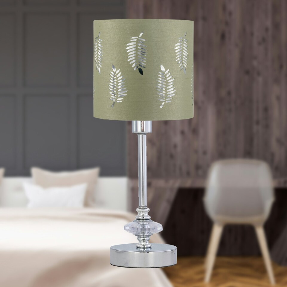 image 1 of Chrome Jewelled Table Lamp with Sage Green Fern Shade Chrome | Green
