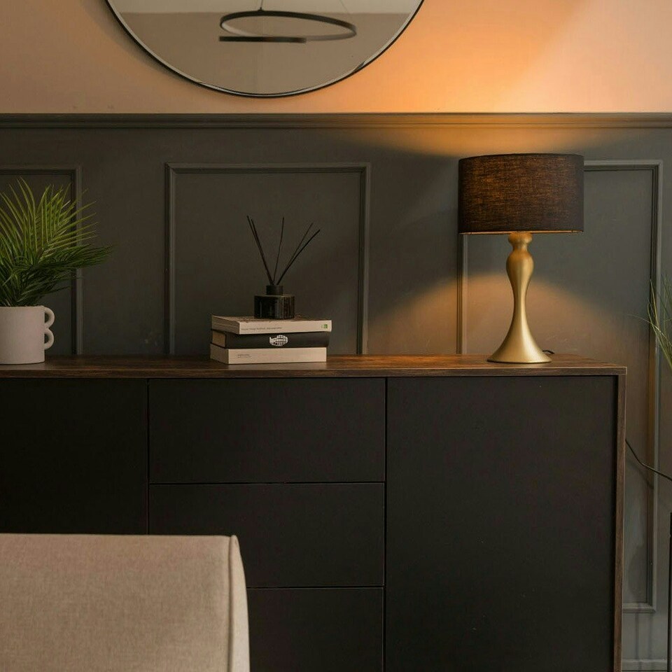image 1 of ValueLights Modern Matt Gold Spindle Design Table Lamp With Black Drum Shade
