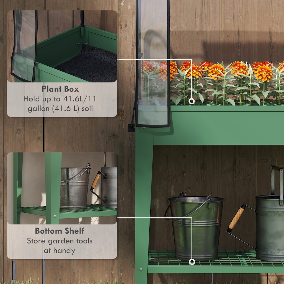 image 1 of Outsunny Mobile Raised Garden Bed with Greenhouse Cover, Green | Green | Green